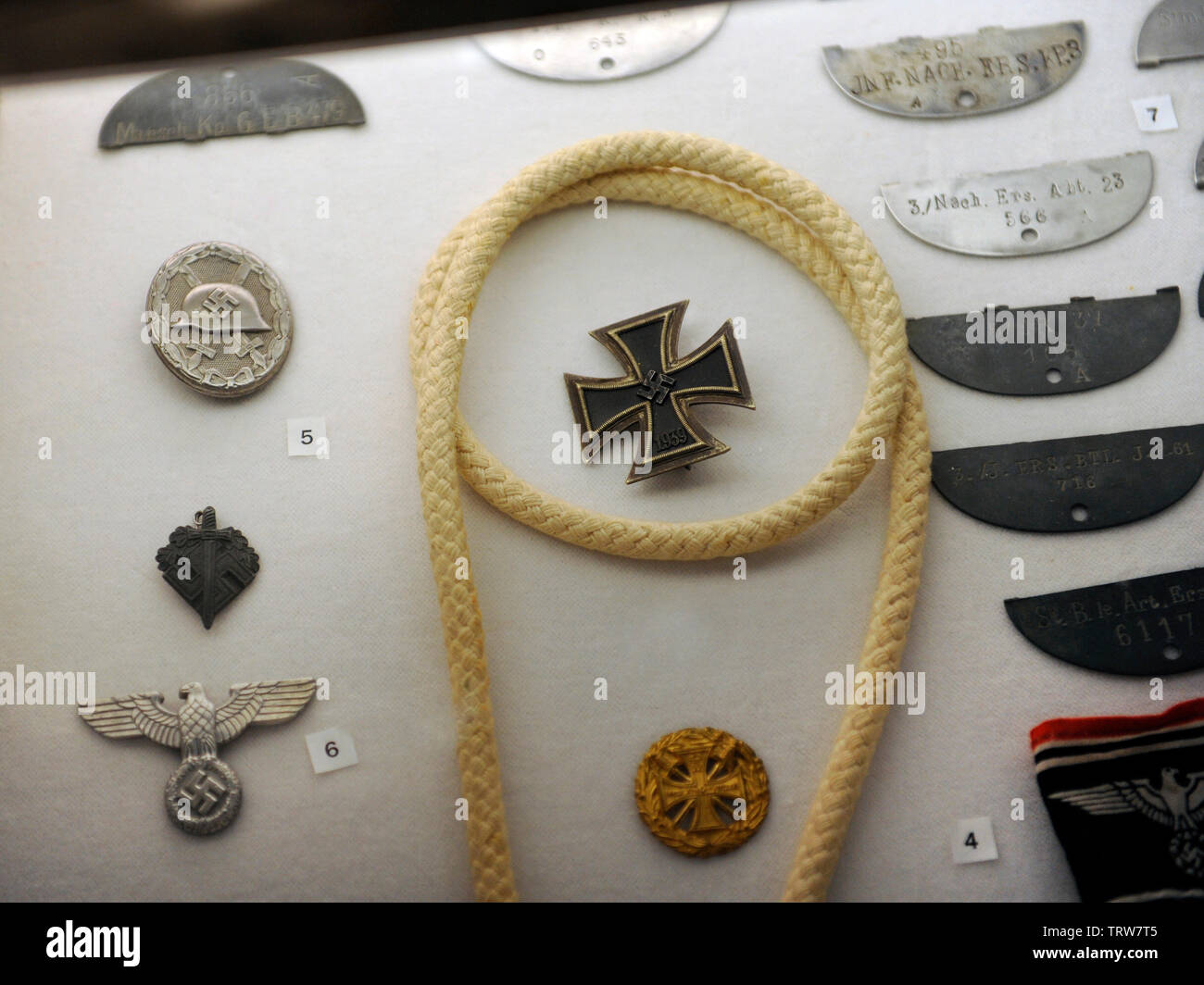 German Army. Insignias of armed forces (Wehrmacht), air forces (Luftwaffe) and national militia (Volkssturm). Museum of Oskar Schindler's Factory. Krakow. Poland. Stock Photo