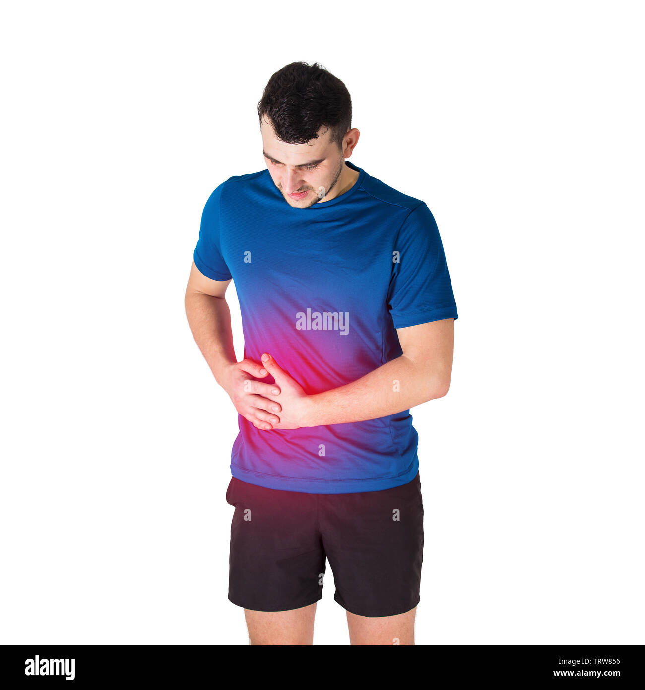 Caucasian man athlete feeling stomach pain and side stitch from