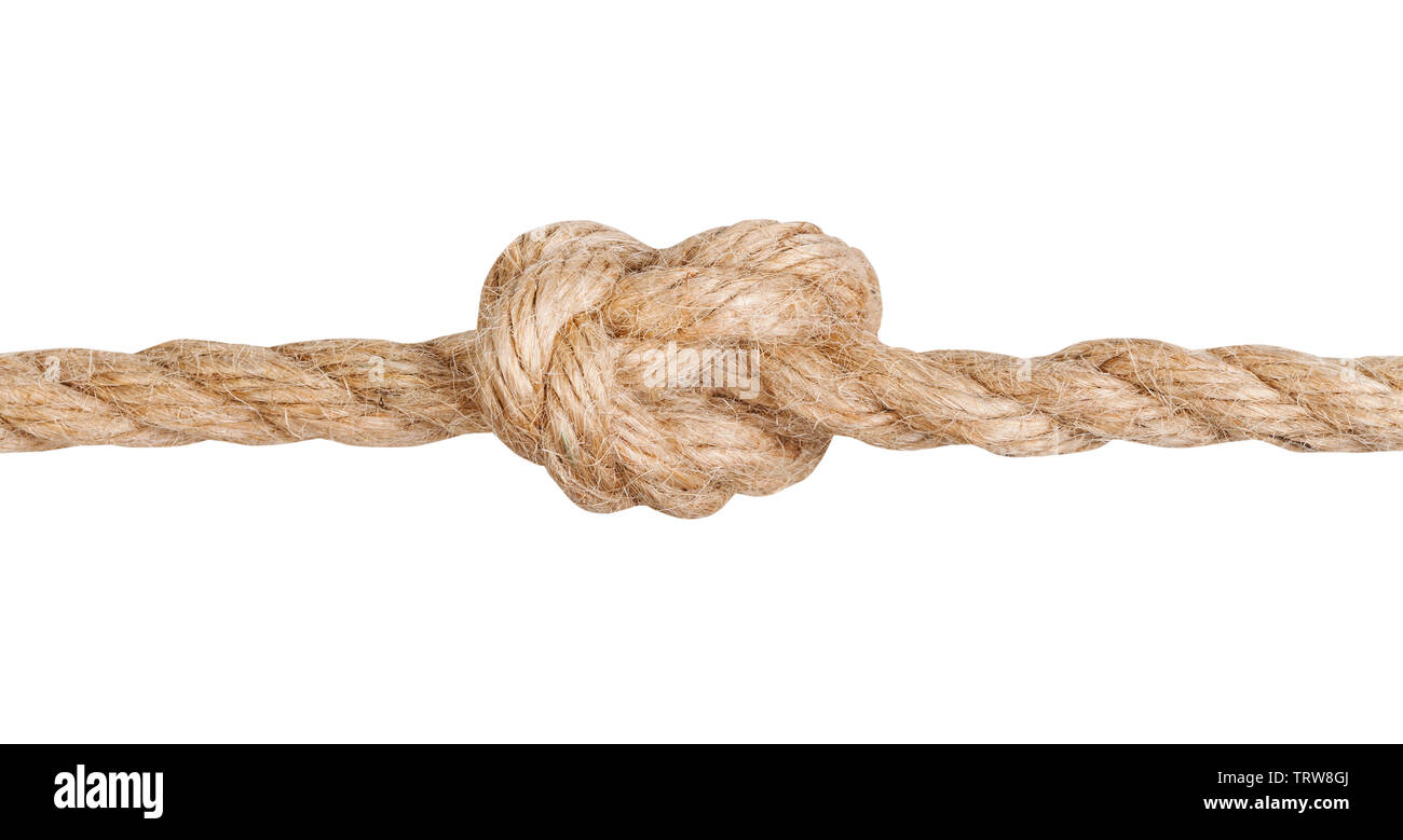 Overhand knot tied on thick jute rope isolated on white background Stock Photo