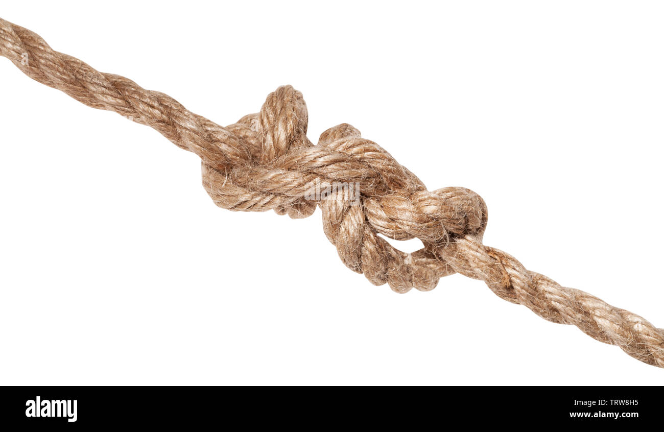 stevedore knot tied on thick jute rope isolated on white background Stock Photo