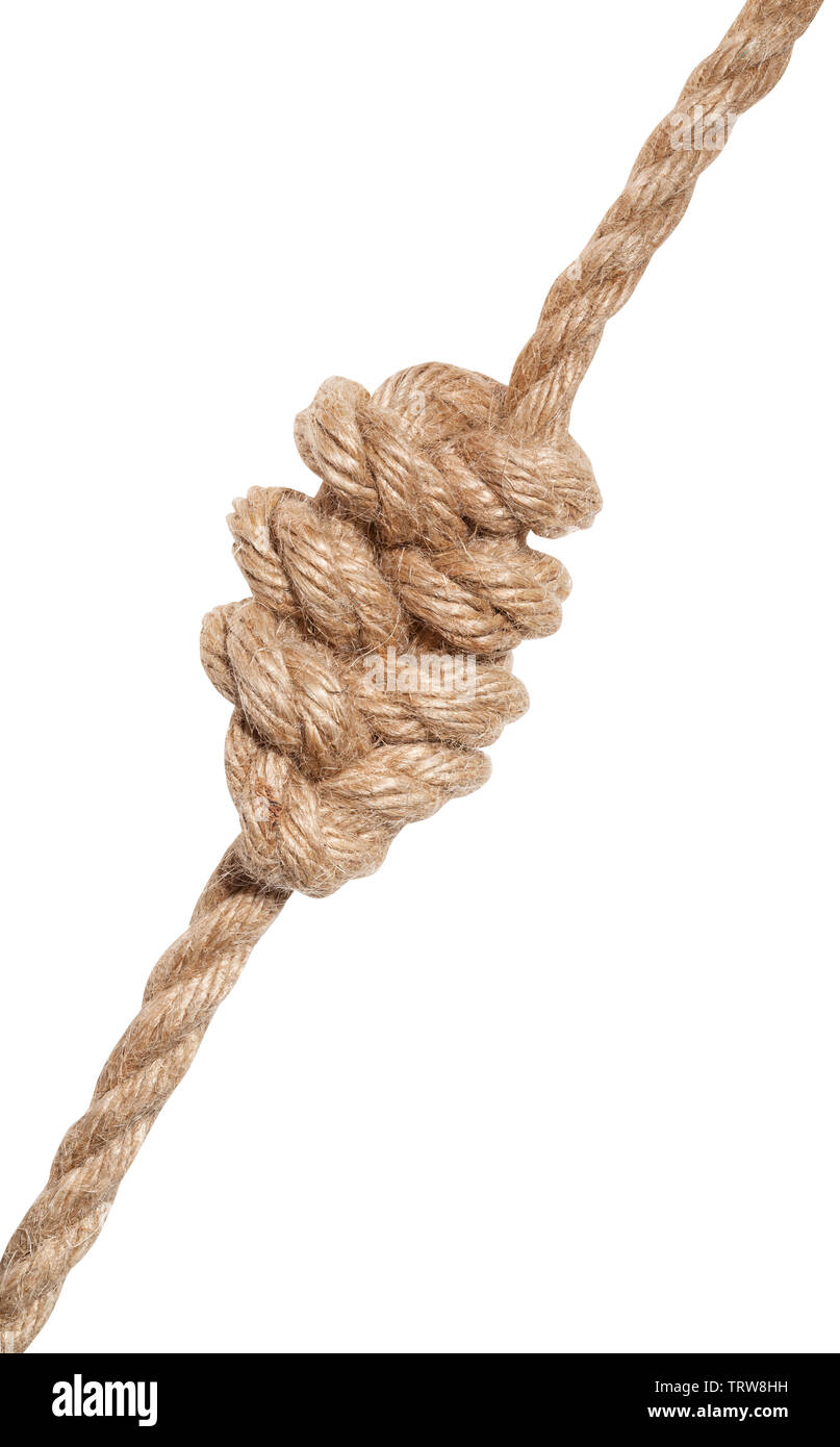 multiple figure-eight knot tied on thick jute rope isolated on white ...