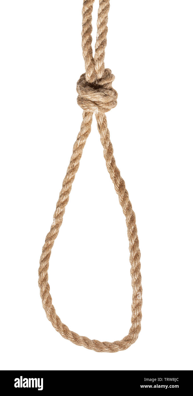 poacher's knot tied on thick jute rope isolated on white background Stock Photo