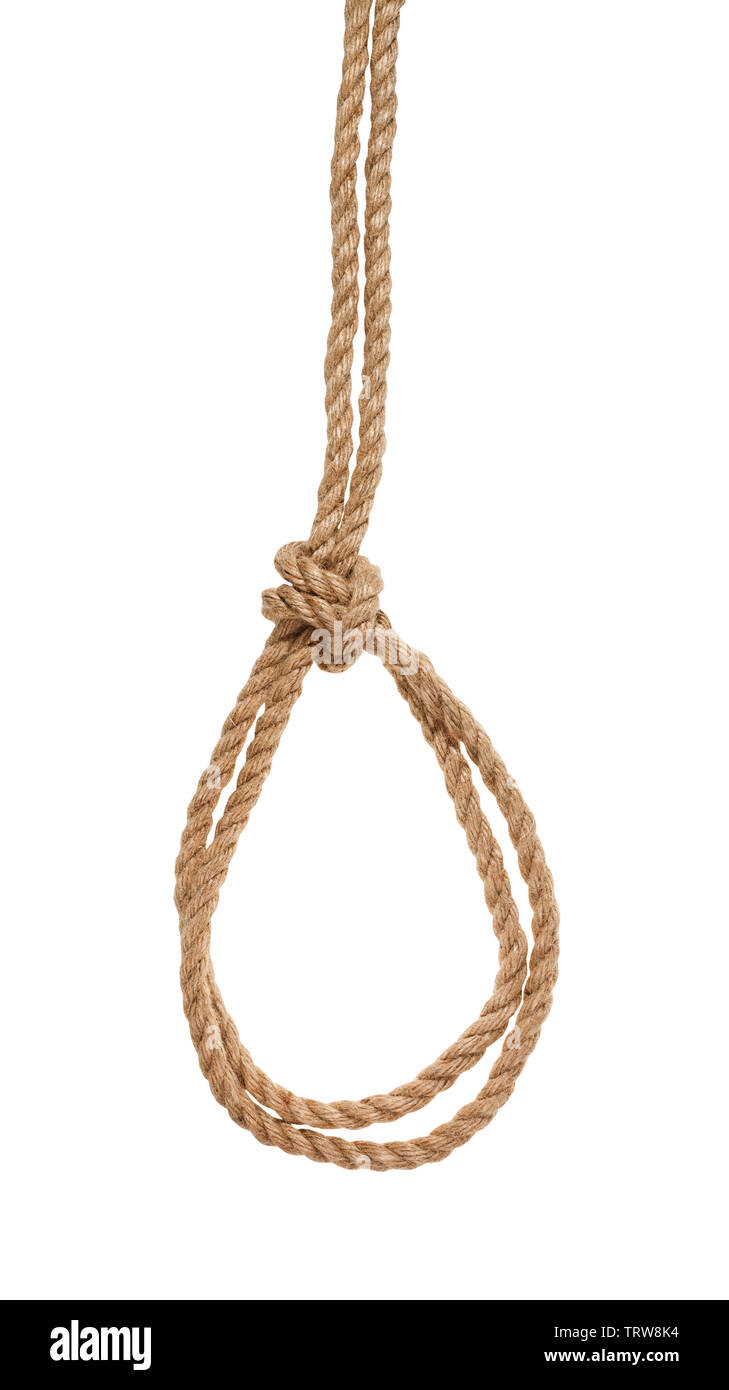 double running knot tied on thick jute rope isolated on white
