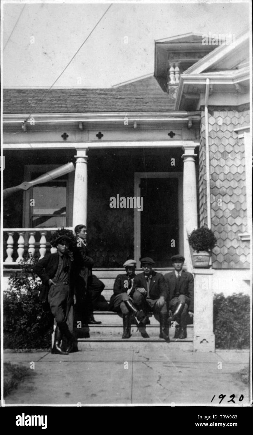 5 men in front of house in Redwood City Publisher (of the digital version): University of Southern California. Libraries Repository name: E Stock Photo