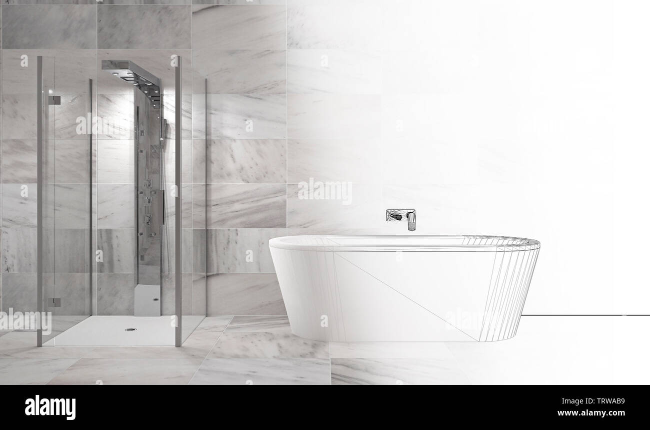 luxury bathroom with marble tiles - Illustration Stock Photo - Alamy