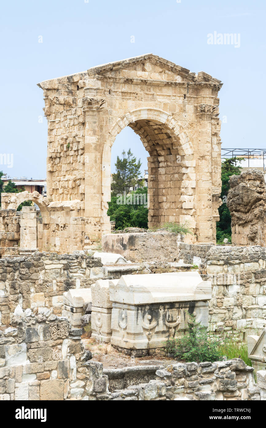 The cemetery and the Triumphal Arch of Hadrian, Al Bass archaeological site, Tyre, Lebanon Stock Photo