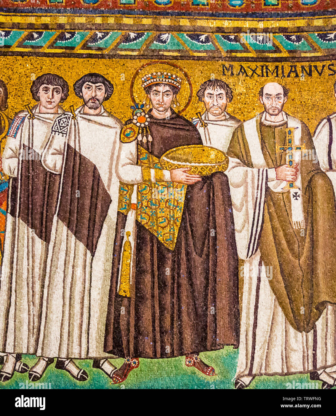 Mosaic of Byzantine emperor Justinian, Bishop Maximian, general Belisarius and attendants Basilica of San Vitale AD547, Ravenna, Emilia-Romagna, Italy Stock Photo