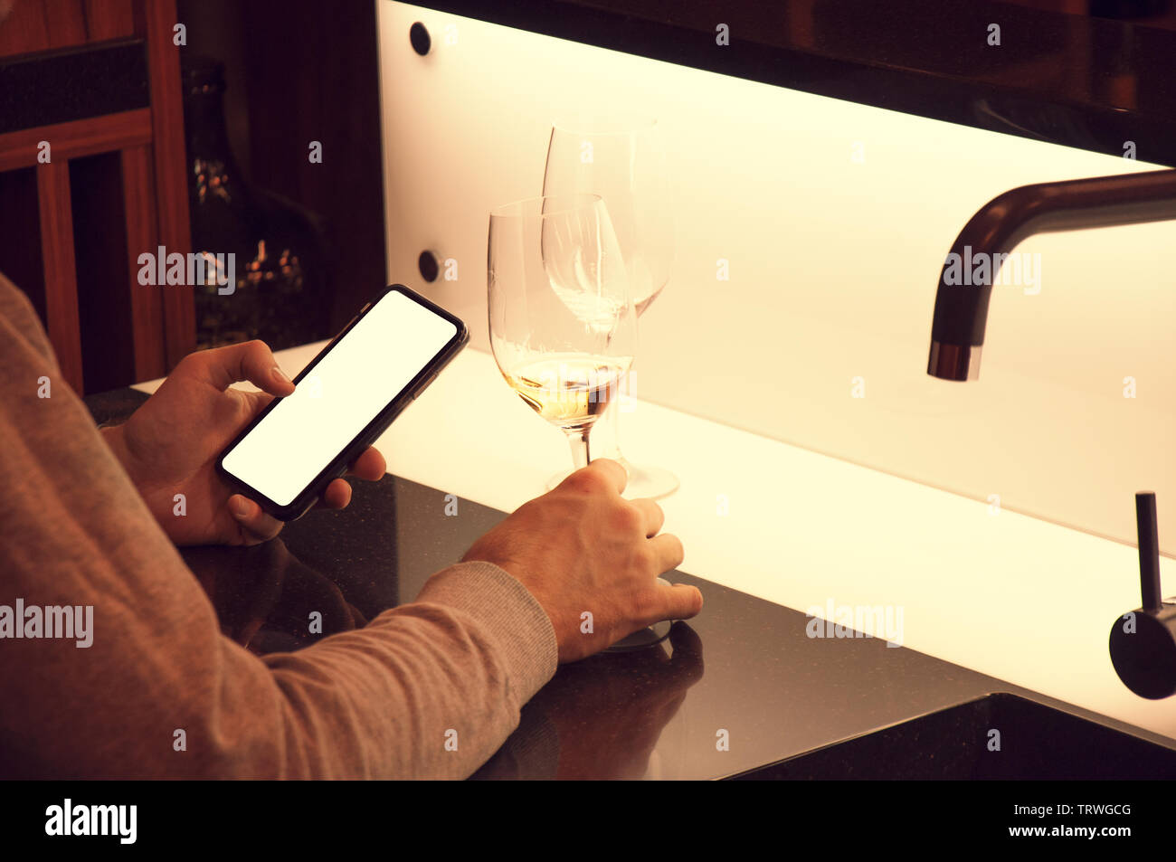 Sommelier, cavist. Wine glass in hand, smartphone in second hand. Wine school. Wine tasting. Tinted Stock Photo