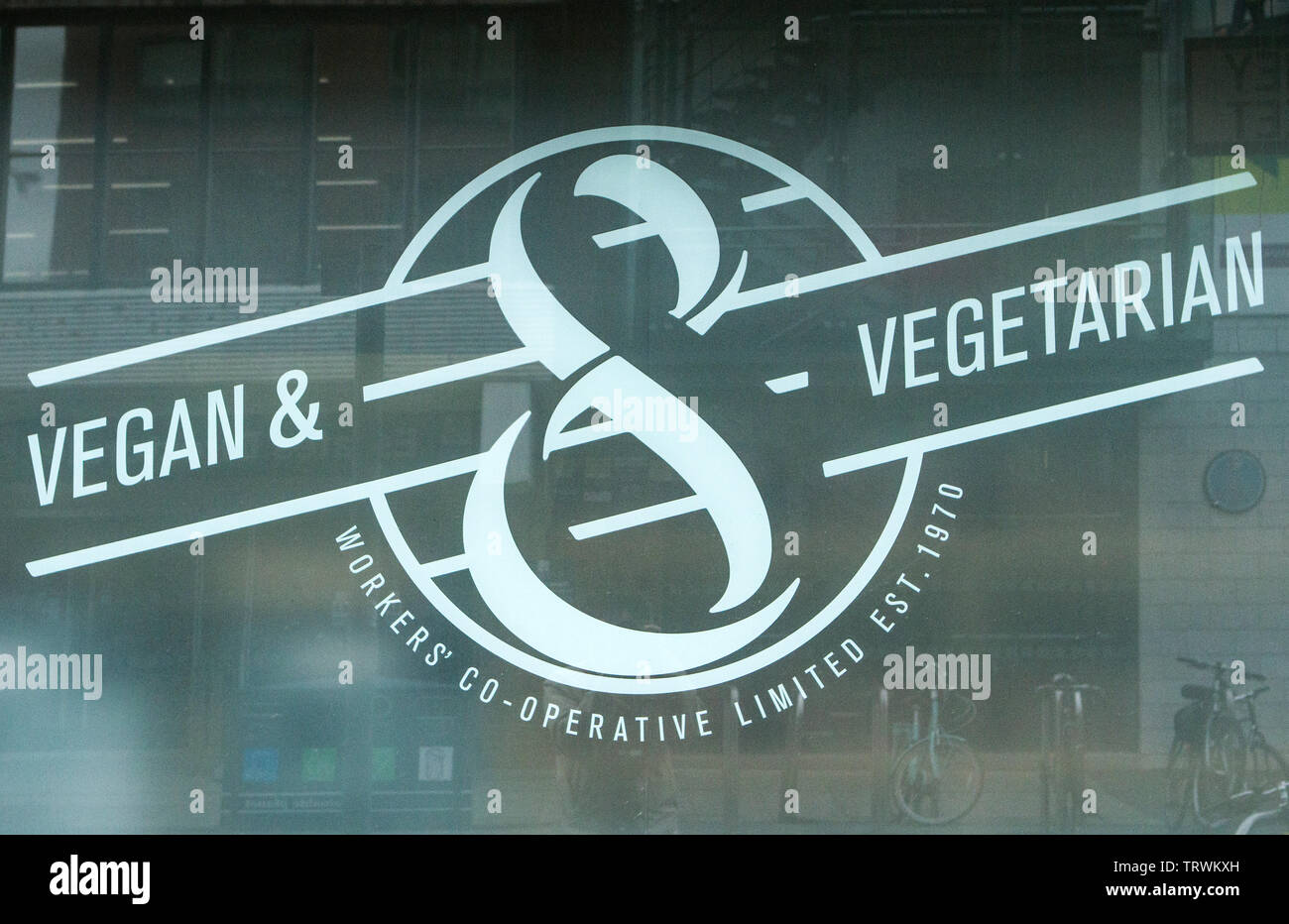 Vegan & Vegetarian store sign on Oxford Road, Manchester, UK Stock Photo