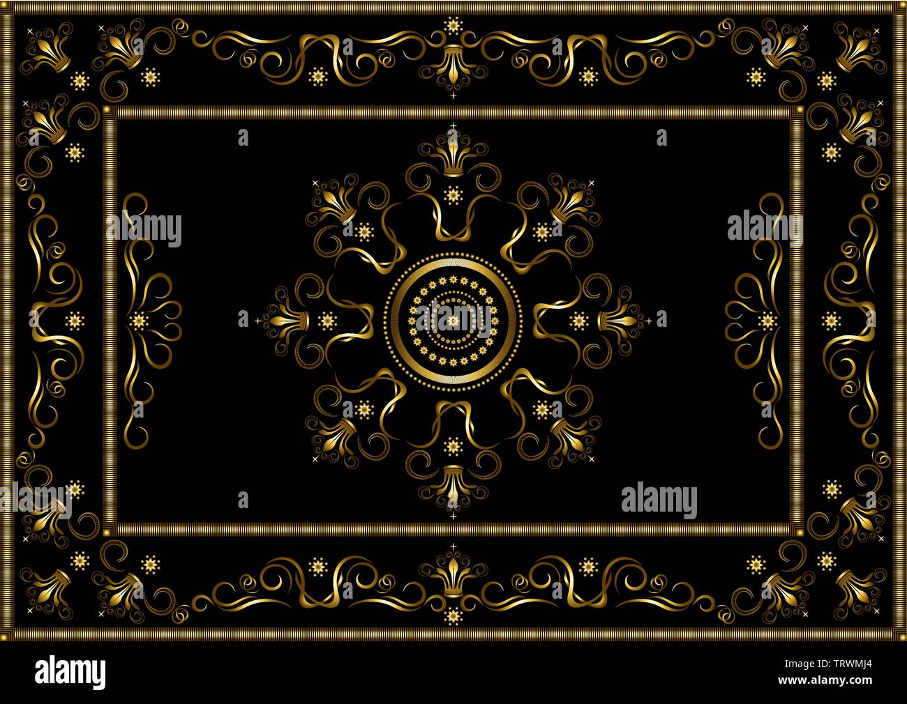 Vintage gold frames from dotted stripes, with pattern on border of gold twisted stripes and crowns on black background Stock Vector