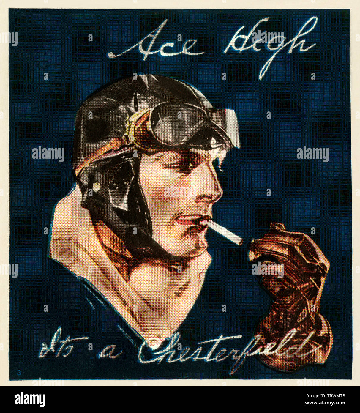 Chesterfield cigarette ad featuring an aviator, 1920s. Color halftone Stock Photo