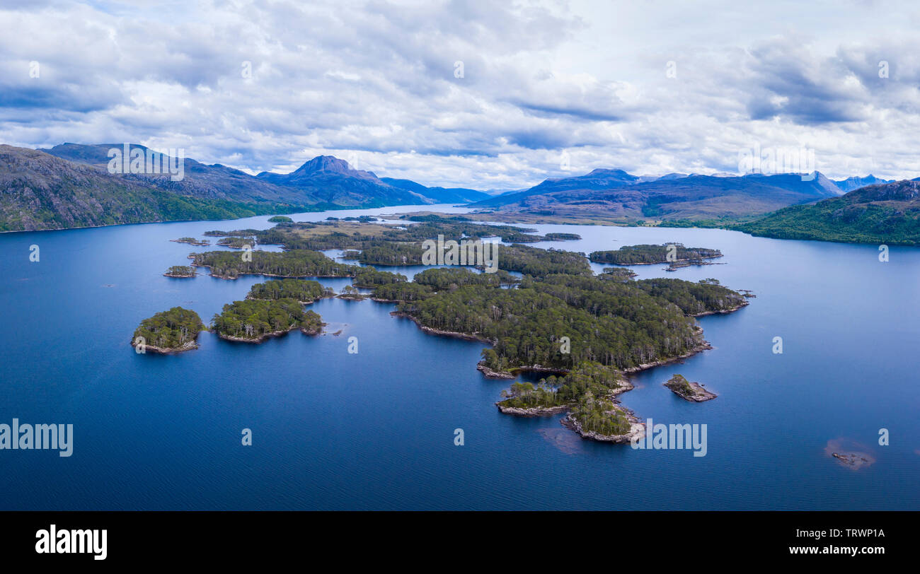 Panoramic aerial view of the wooded islands on Loch Maree, Wester Ross, Highlands, Scotland Stock Photo
