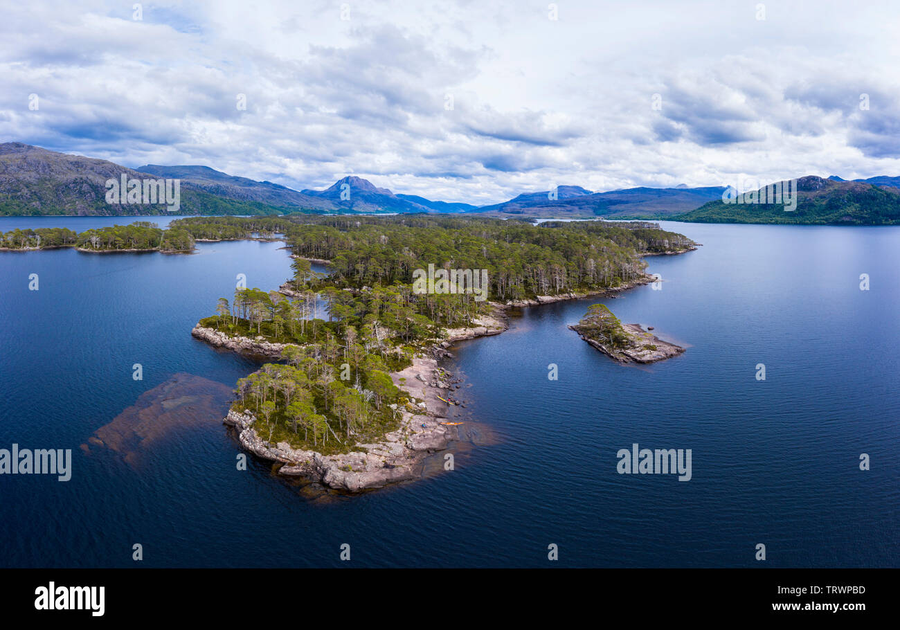 Aerial view of the wooded islands on Loch Maree, Wester Ross, Highlands, Scotland Stock Photo