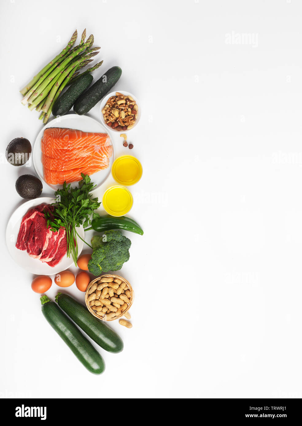 Ketogenic, keto diet, including vegetables, meat and fish, nuts and oil