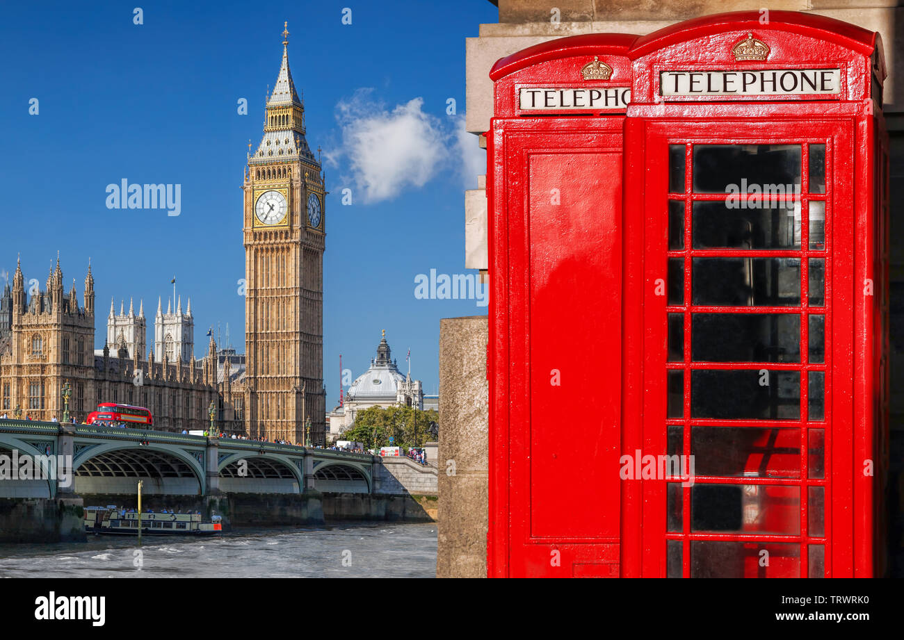 London symbols with BIG BEN, DOUBLE DECKER BUSES and Red Phone Booths in England, UK Stock Photo