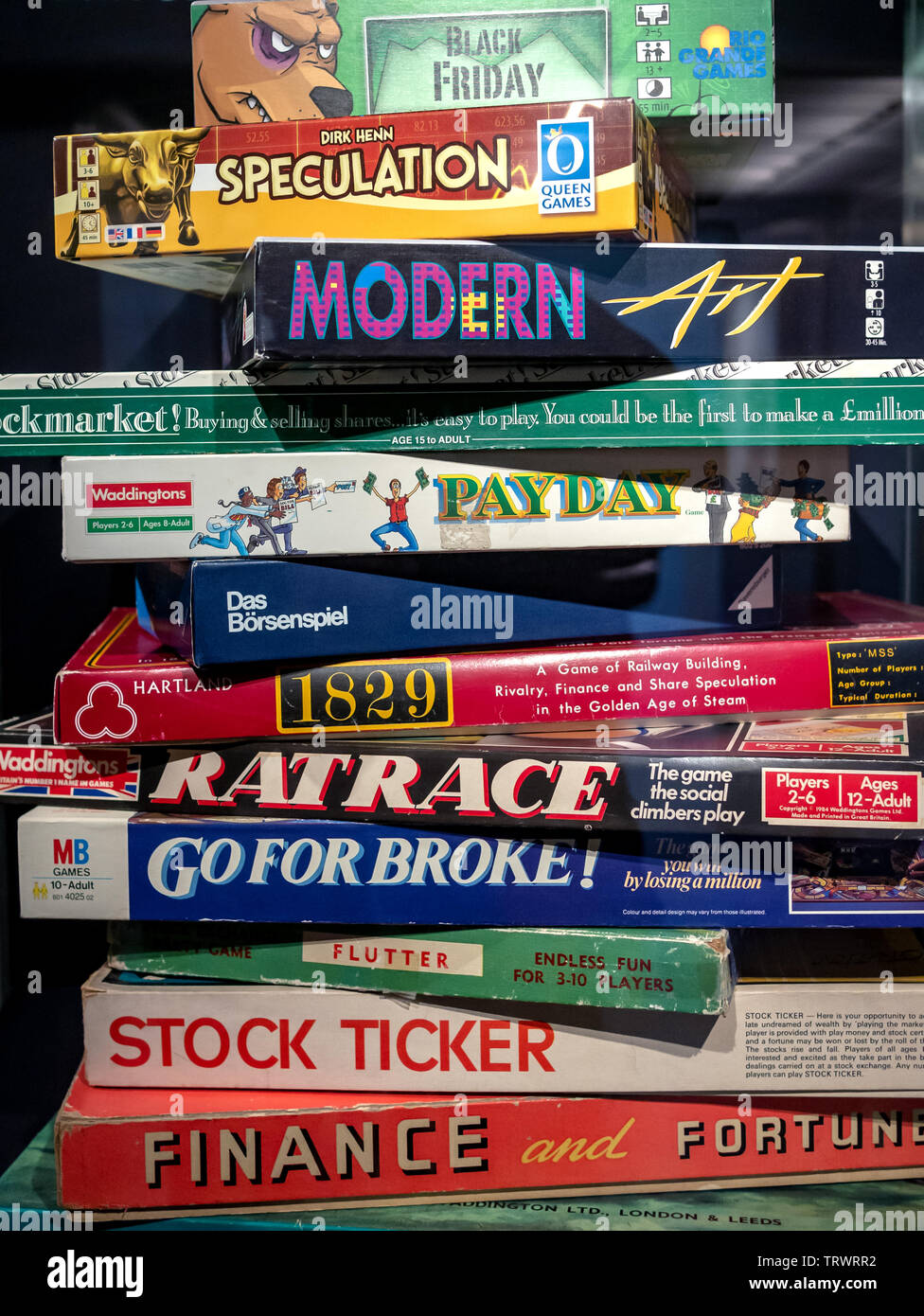 Stack of Board games 1930's - 2010, British Museum Stock Photo