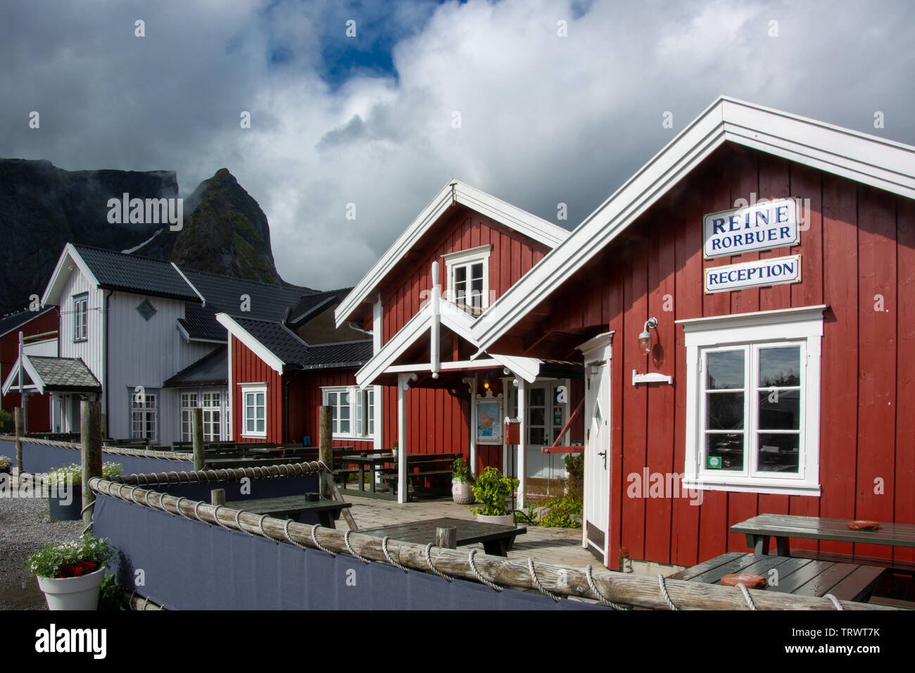 Reine rorbuer accomodation in Reine at the Lofoten Islands in Norway / Scandinavia Stock Photo