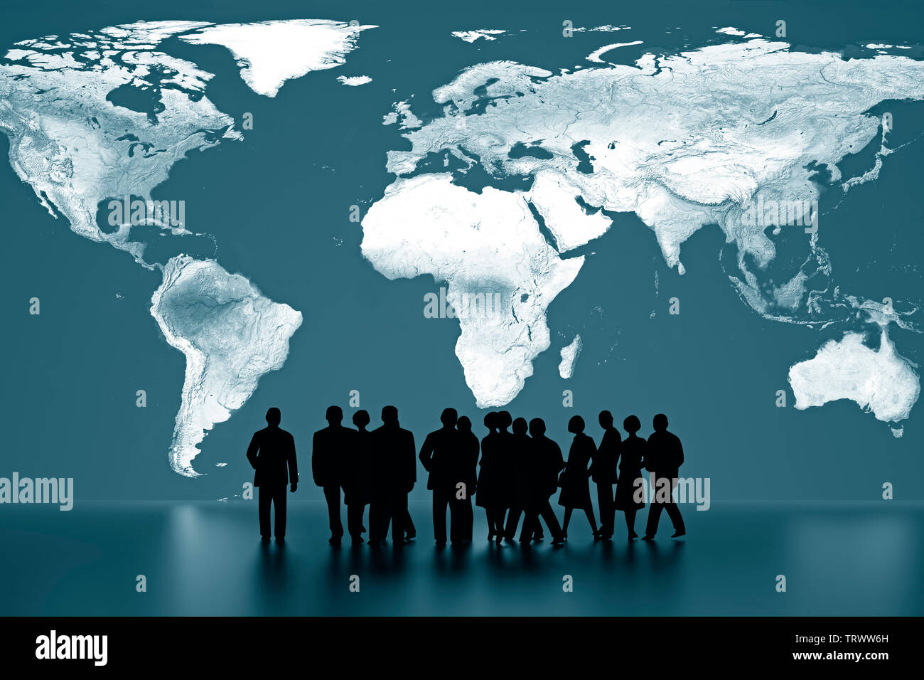 business peoples in front of world map - Illustration Stock Photo - Alamy