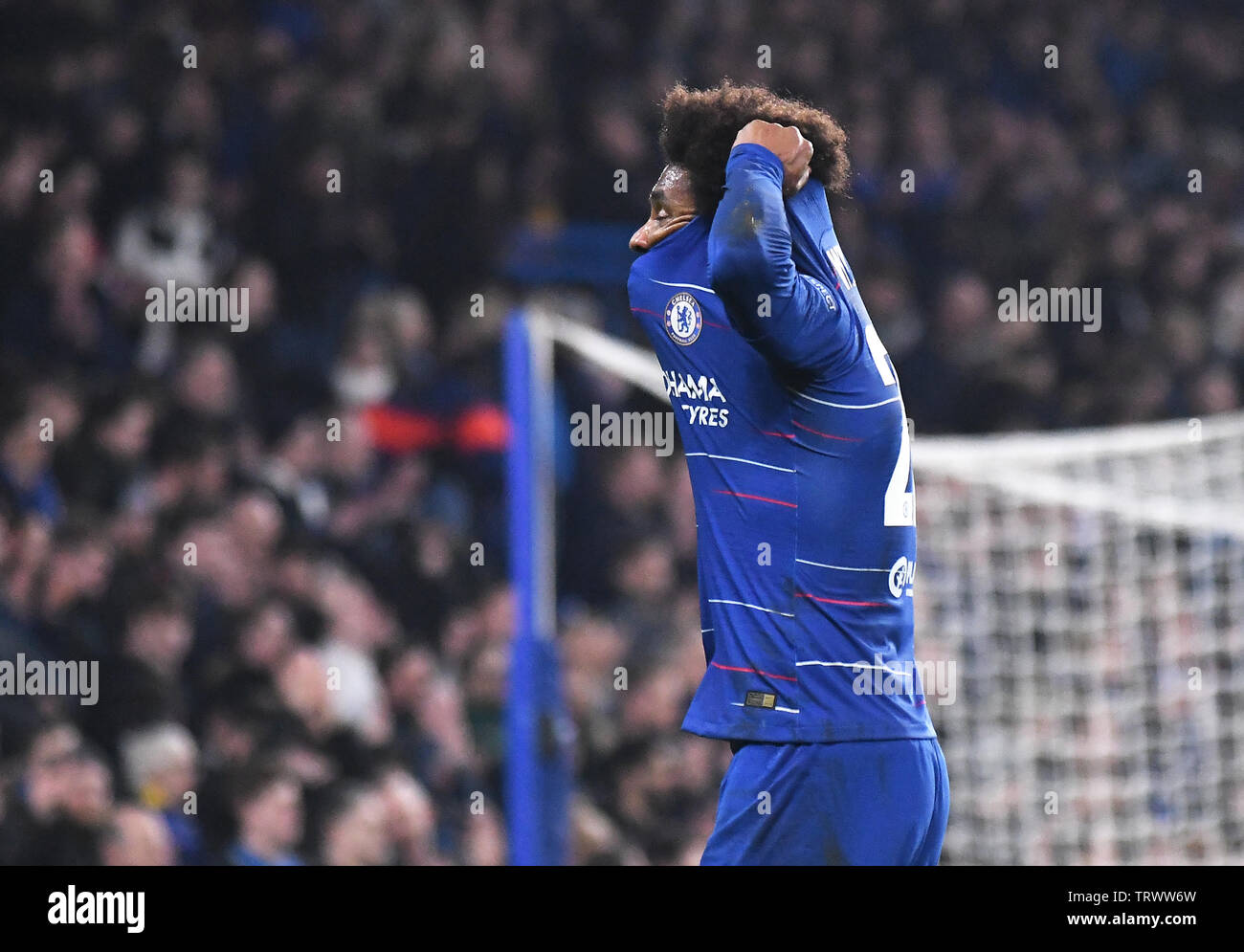 LONDON, ENGLAND - FEBRUARY 21, 2019: Willian Borges da Silva of Chelsea pictured after the second leg of the 2018/19 UEFA Europa League Round of 32 game between Chelsea FC (England) and Malmo FF (Sweden) at Stamford Bridge. Stock Photo