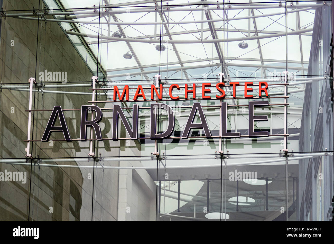 Entrance sign above main glass Exchange Square entrance to the Manchester Arndale Shopping Centre, England, UK Stock Photo