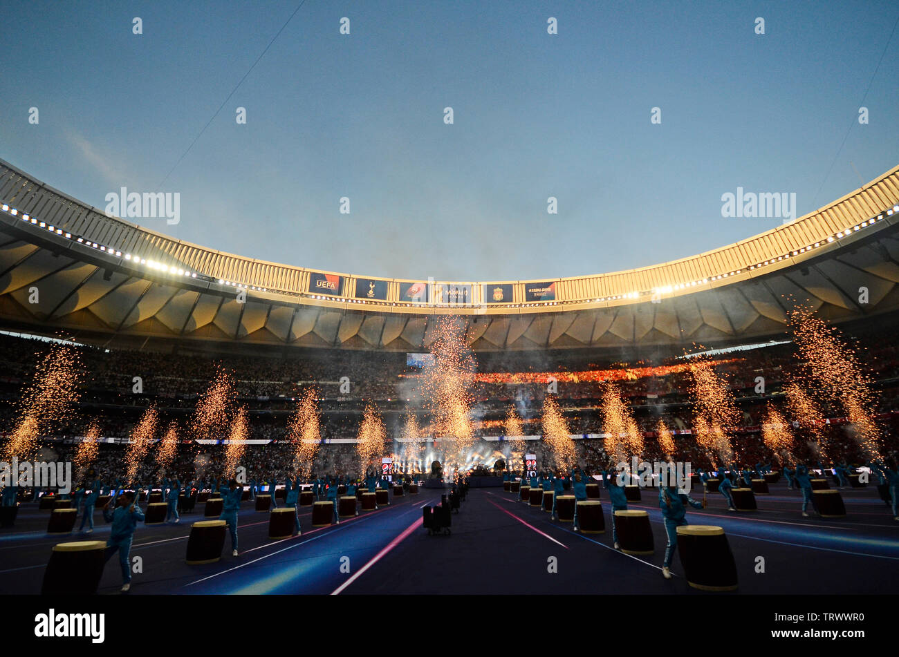 MADRID, SPAIN - JUNE 1, 2019: The opening ceremony held prior to the 2018/19 UEFA Champions League Final between Tottenham Hotspur (England) and Liverpool FC (England) at Wanda Metropolitano. Stock Photo