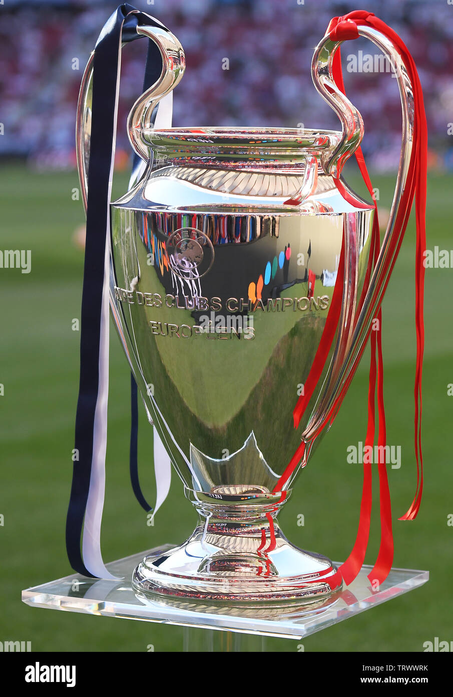 MADRID, SPAIN - JUNE 1, 2019: The UCL trophy pictured prior to the 2018/19 UEFA Champions League Final between Tottenham Hotspur (England) and Liverpool FC (England) at Wanda Metropolitano. Stock Photo