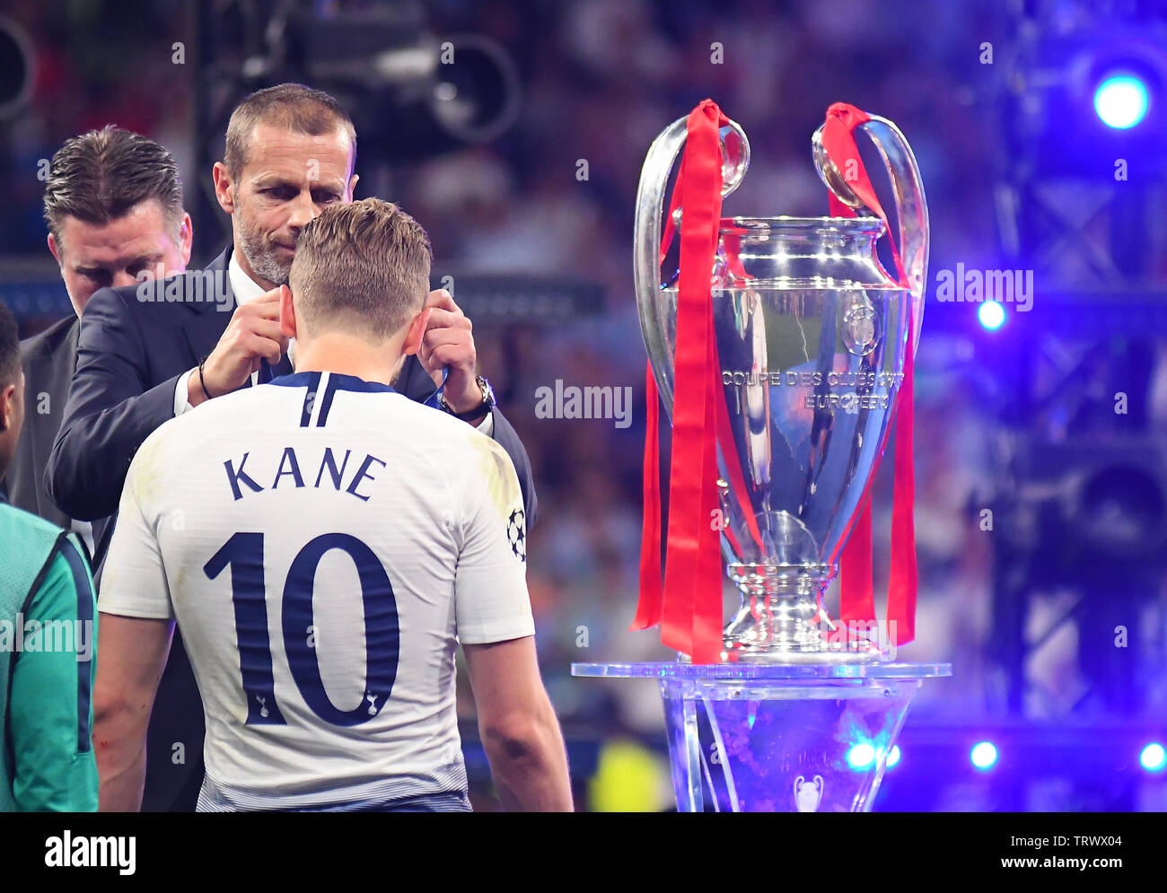 MADRID, SPAIN - JUNE 1, 2019: Aleksander Cefrin and Harry Kane of Tottenham  pictured during the award ceremony held after the 2018/19 UEFA Champions  League Final between Tottenham Hotspur (England) and Liverpool