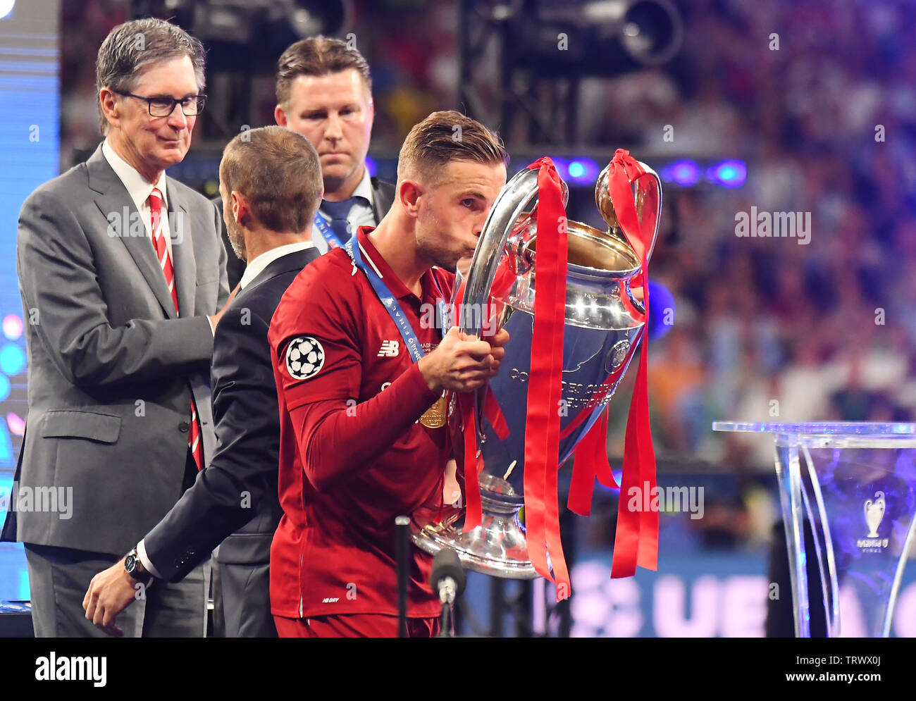 MADRID, SPAIN - JUNE 1, 2019: Jordan Henderson of Liverpool pictured during the award ceremony held after the 2018/19 UEFA Champions League Final between Tottenham Hotspur (England) and Liverpool FC (England) at Wanda Metropolitano. Stock Photo