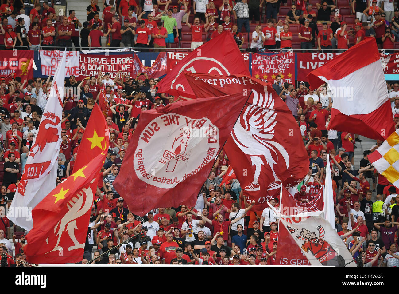 MADRID, SPAIN - JUNE 1, 2019: Liverpool's fans sector pictured prior to the  2018/19 UEFA Champions League Final between Tottenham Hotspur (England) and Liverpool  FC (England) at Wanda Metropolitano Stock Photo - Alamy