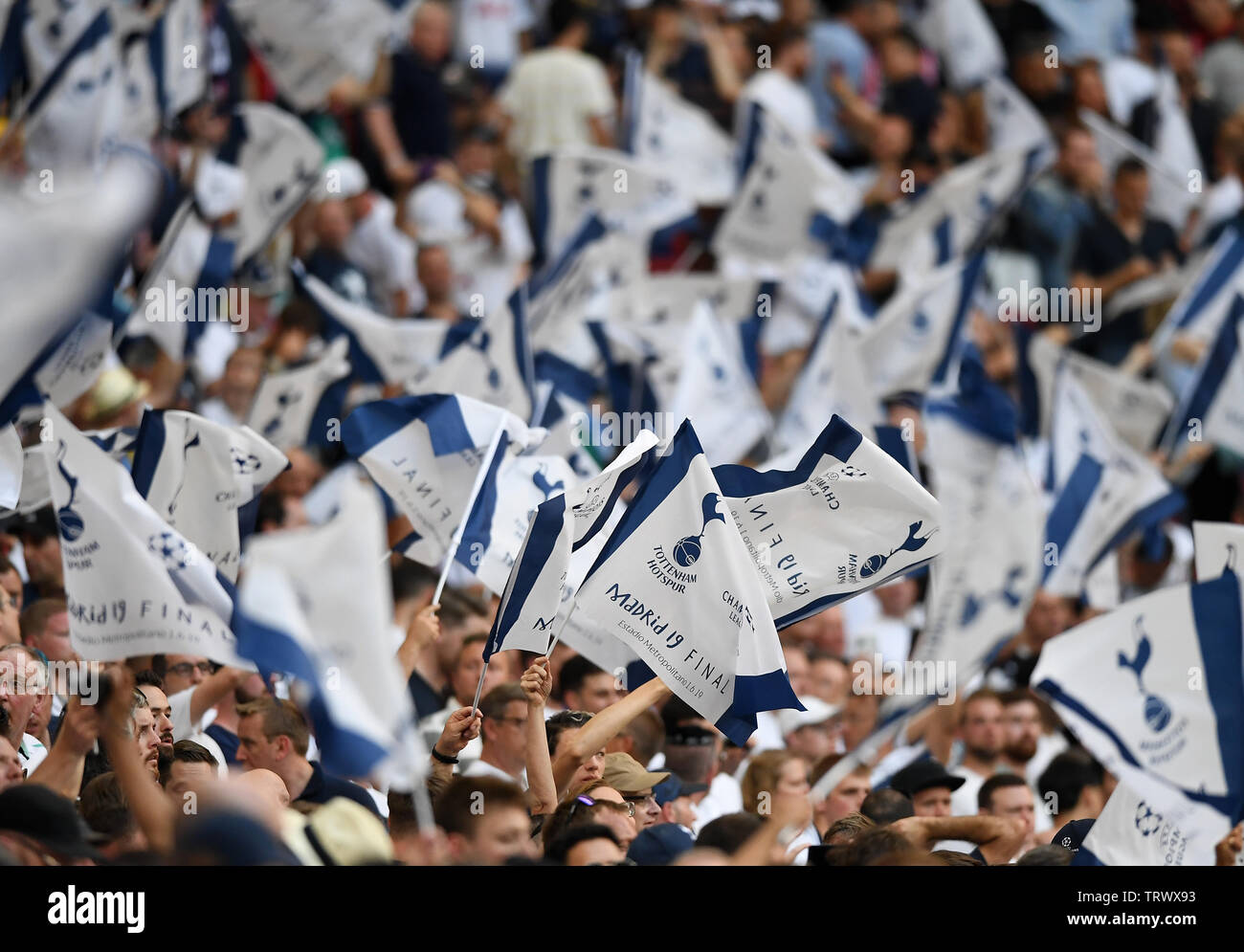 MADRID, SPAIN - JUNE 1, 2019: Tottenham fans pictured prior to the 2018/19 UEFA Champions League Final between Tottenham Hotspur (England) and Liverpool FC (England) at Wanda Metropolitano. Stock Photo