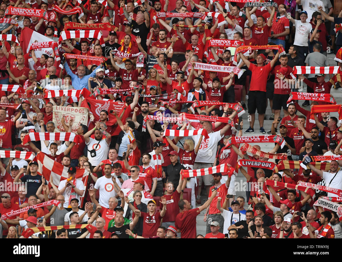 MADRID, SPAIN - JUNE 1, 2019: Liverpool fans pictured prior to the 2018/19 UEFA Champions League Final between Tottenham Hotspur (England) and Liverpool FC (England) at Wanda Metropolitano. Stock Photo