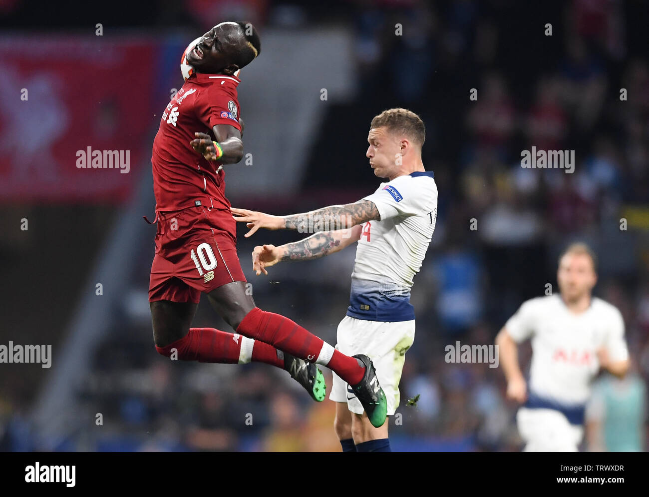 MADRID, SPAIN - JUNE 1, 2019: Sadio Mane of Liverpool and Kieran Trippier of Tottenham pictured during the 2018/19 UEFA Champions League Final between Tottenham Hotspur (England) and Liverpool FC (England) at Wanda Metropolitano. Stock Photo