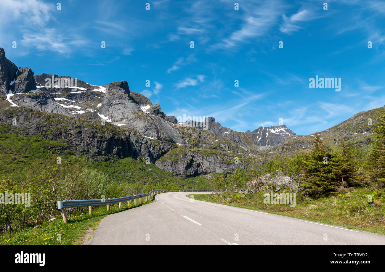 The road that leads to Nusfjord, Lofoten Islands, Norway. Stock Photo