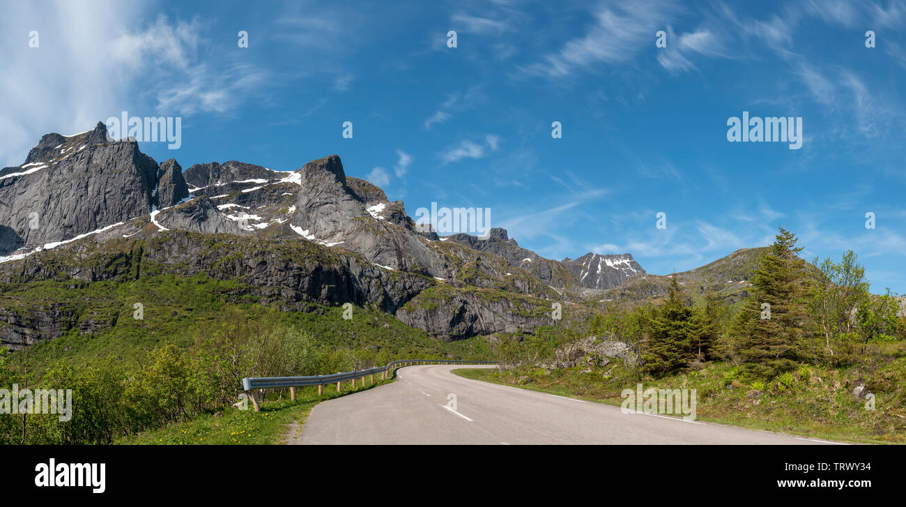 The road that leads to Nusfjord, Lofoten Islands, Norway. Stock Photo