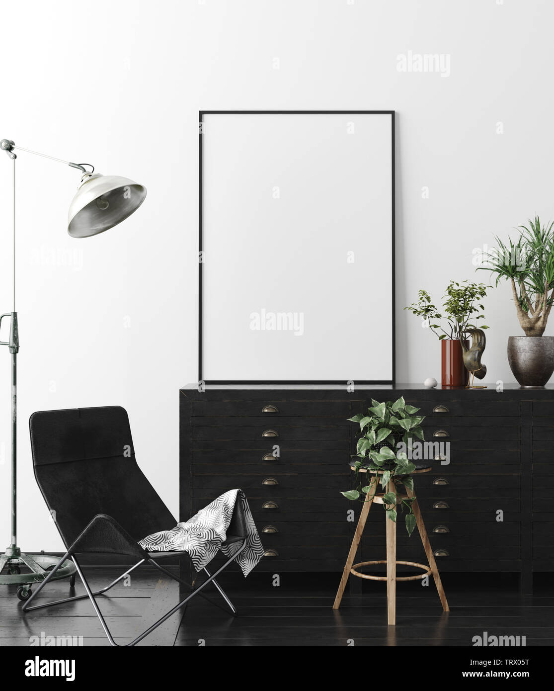 Download Poster Wall Mockup In Interior Background With Dark Furniture Industrial Style 3d Render Stock Photo Alamy PSD Mockup Templates
