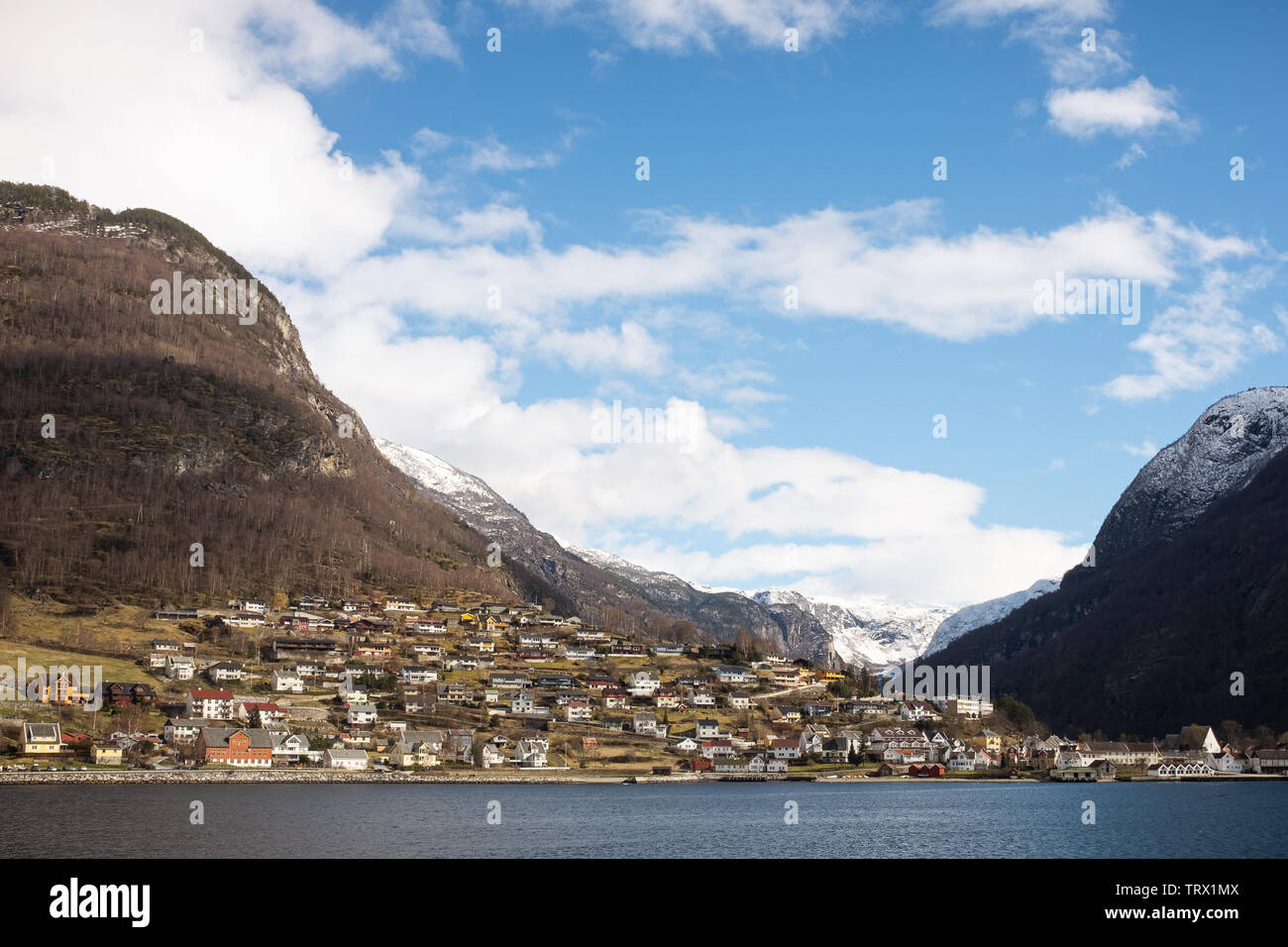 Norwegian village at the fjord base Stock Photo