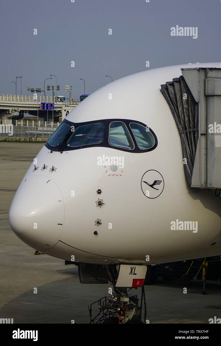 Osaka Japan Apr 19 2019 An Airbus A350 900 Of Lufthansa Docking At Osaka Japan Apr 19 2019 An Airbus A350 900 Of Lufthansa Docking At