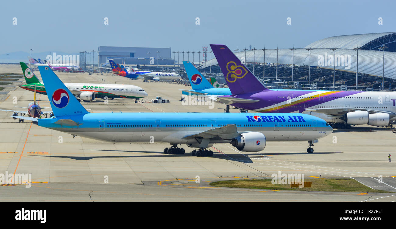 Osaka, Japan - Apr 19, 2019. Korean Air HL8250 (Boeing 777