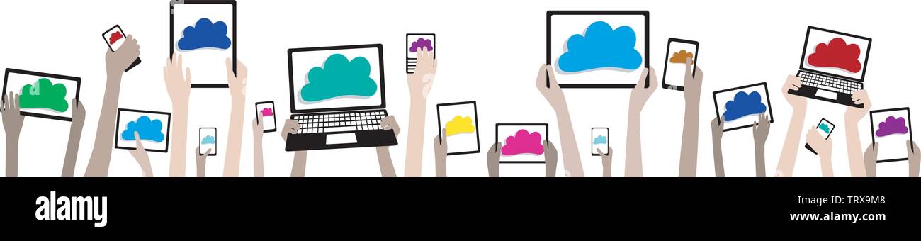 BYOD Bring Your Own Device Cloud Computing Banner - Childrens Hands with Computers and Clouds - Grouped for easy editing EPS8 Stock Vector