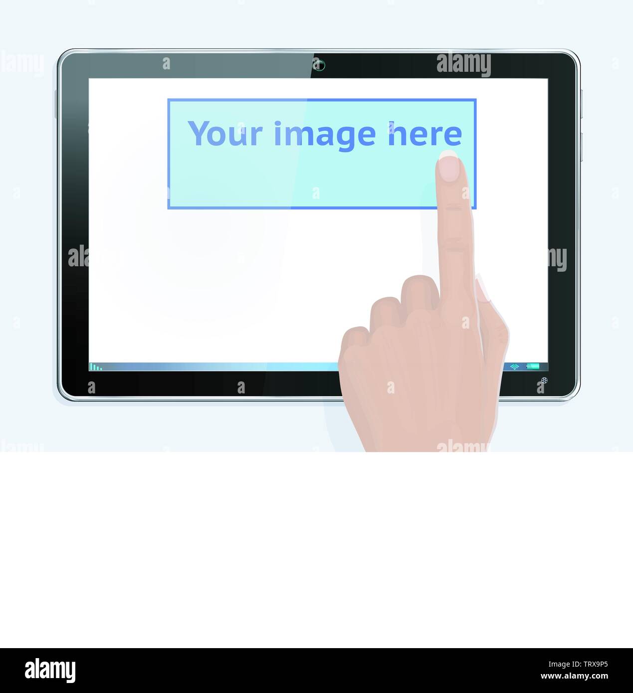 Realistic Hand Pointing at Tablet Computer Screen - with separate layer for your image on tablet Stock Vector