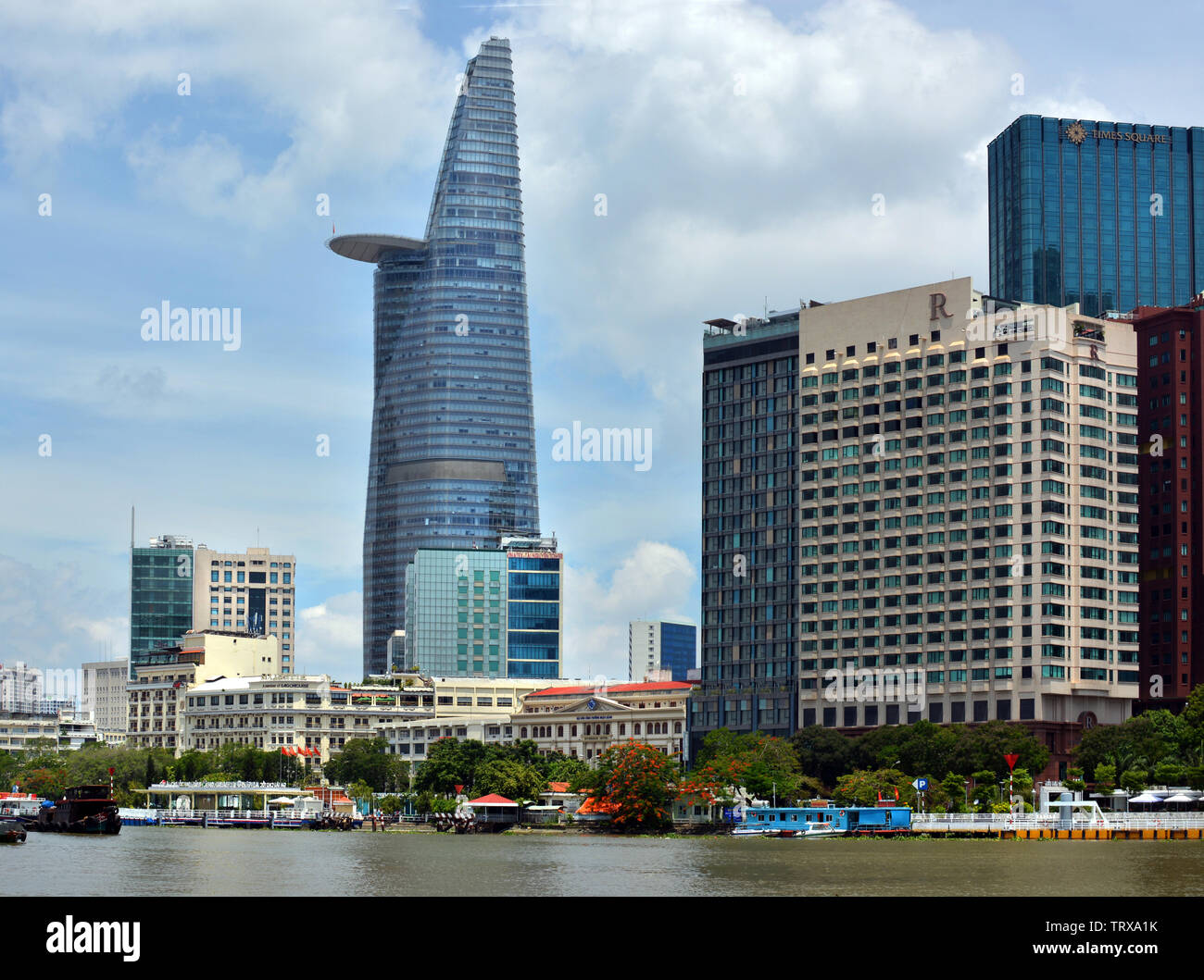 Panoramic View of Ho Chi Minh City District One from a boat on the Saigon River. Stock Photo