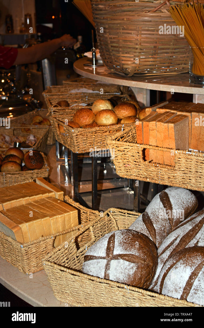 Breads including loaf, bun and pastry food displayed at Ho Chi Minh City Hotel, Saigon, Vietnam. Stock Photo