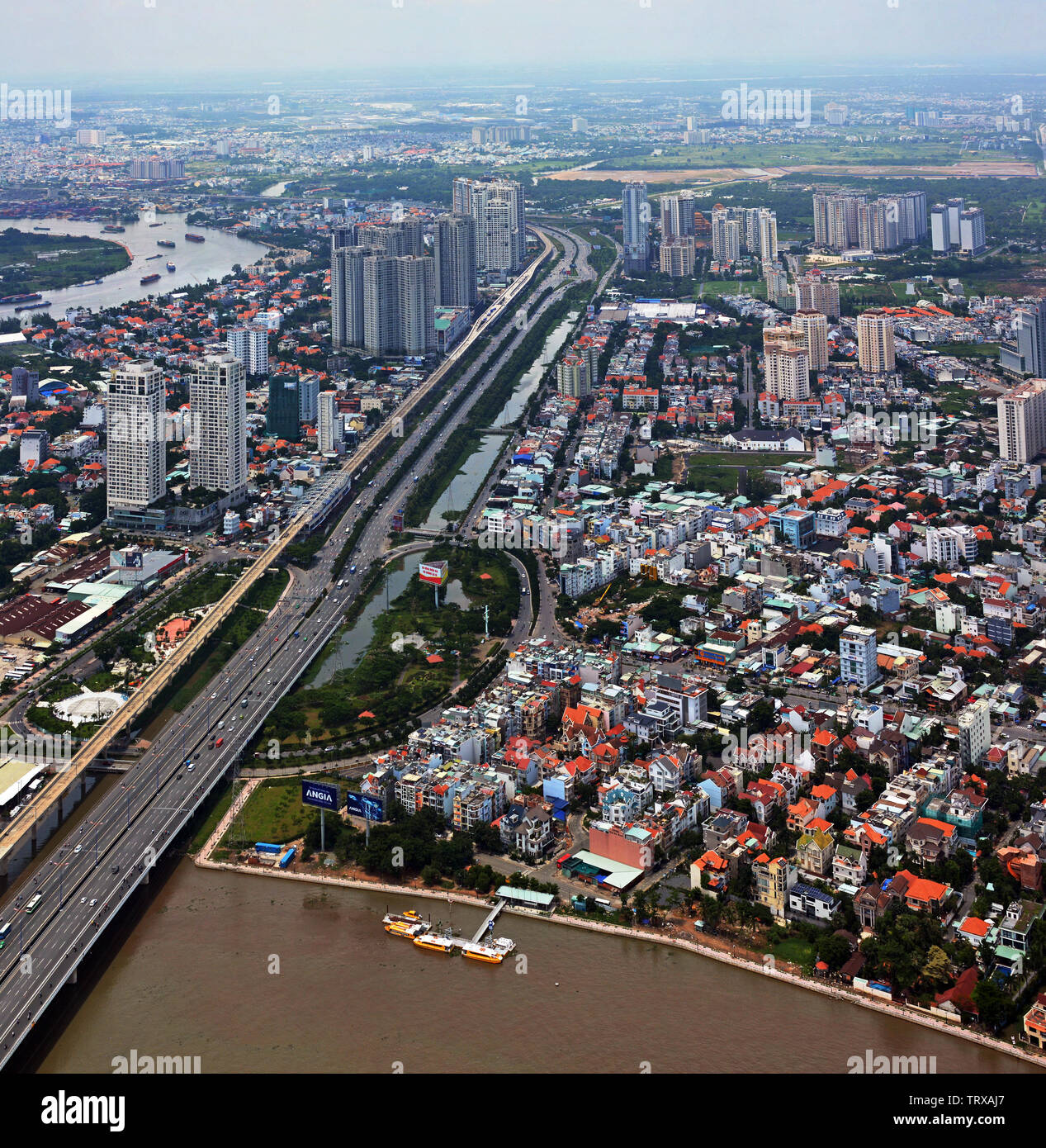 Ho Chi Minh City Aerial Panoramic City & Saigon River View. Stock Photo