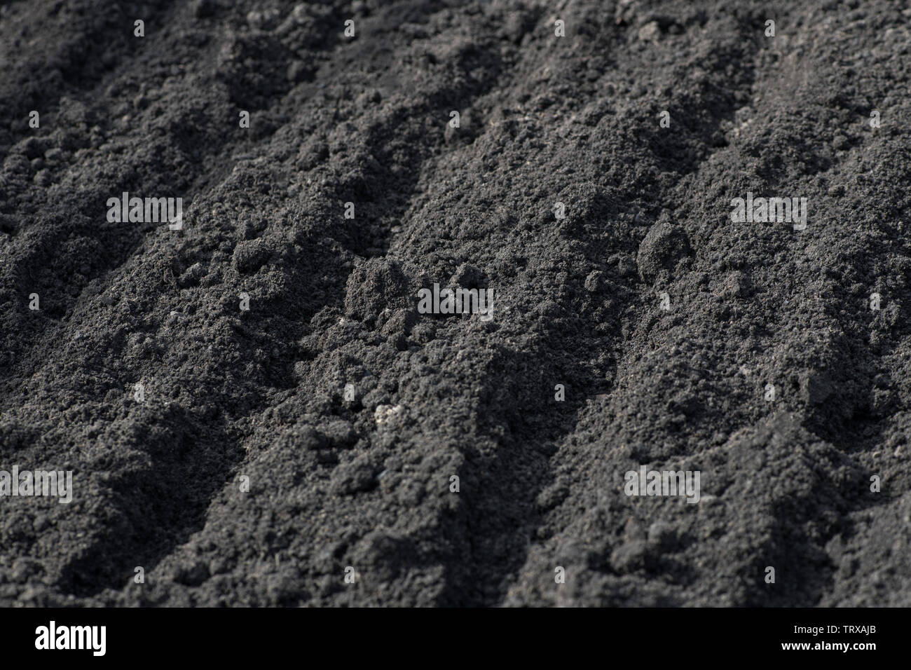 Empty furrows on black ground in a farm field in early spring. Preparation of soil for planting seeds. Horizontal photography Stock Photo