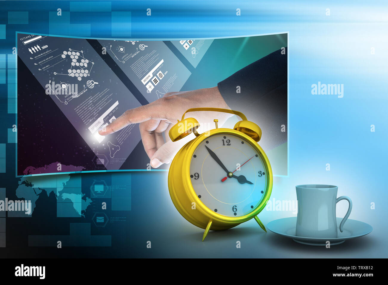 Alarm clock with cup of tea Stock Photo - Alamy