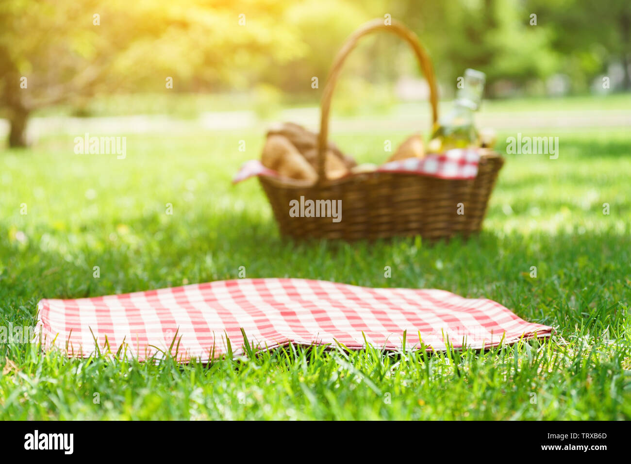 Wicker picnic basket with food and red checkered tablecloth on the