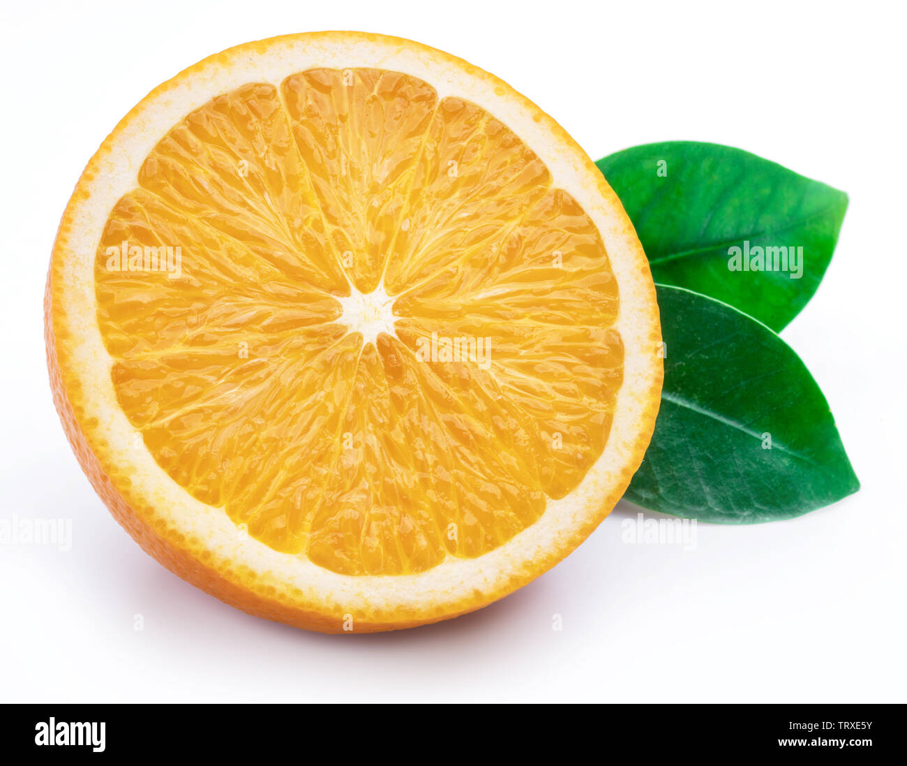 Orange fruit and orange leaf isolated on white background. Stock Photo