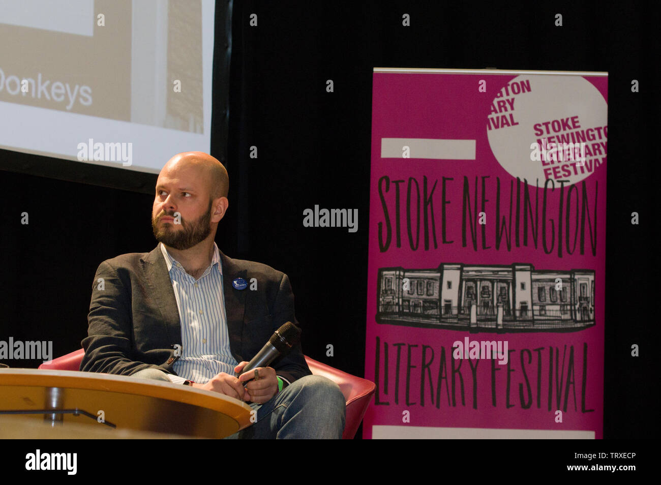Hackney's Mayor Philip Glanville on stage at the 2019 Stoke Newington Literary Festival Stock Photo