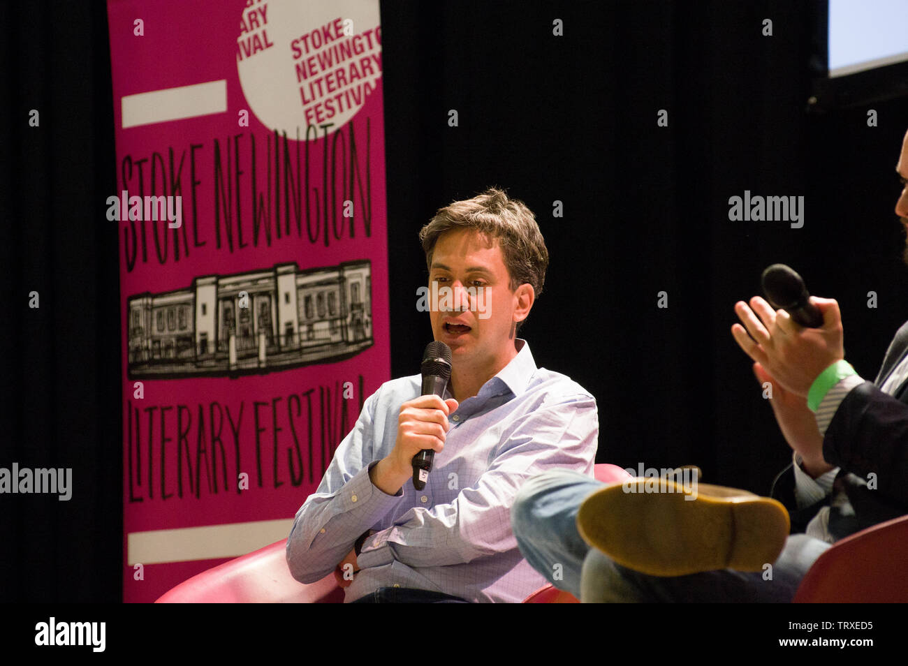 Ed Milliband on stage at the 2019 Stoke Newington Literary Festival in the Town Hall on Church Street on 9 June 2109 Stock Photo