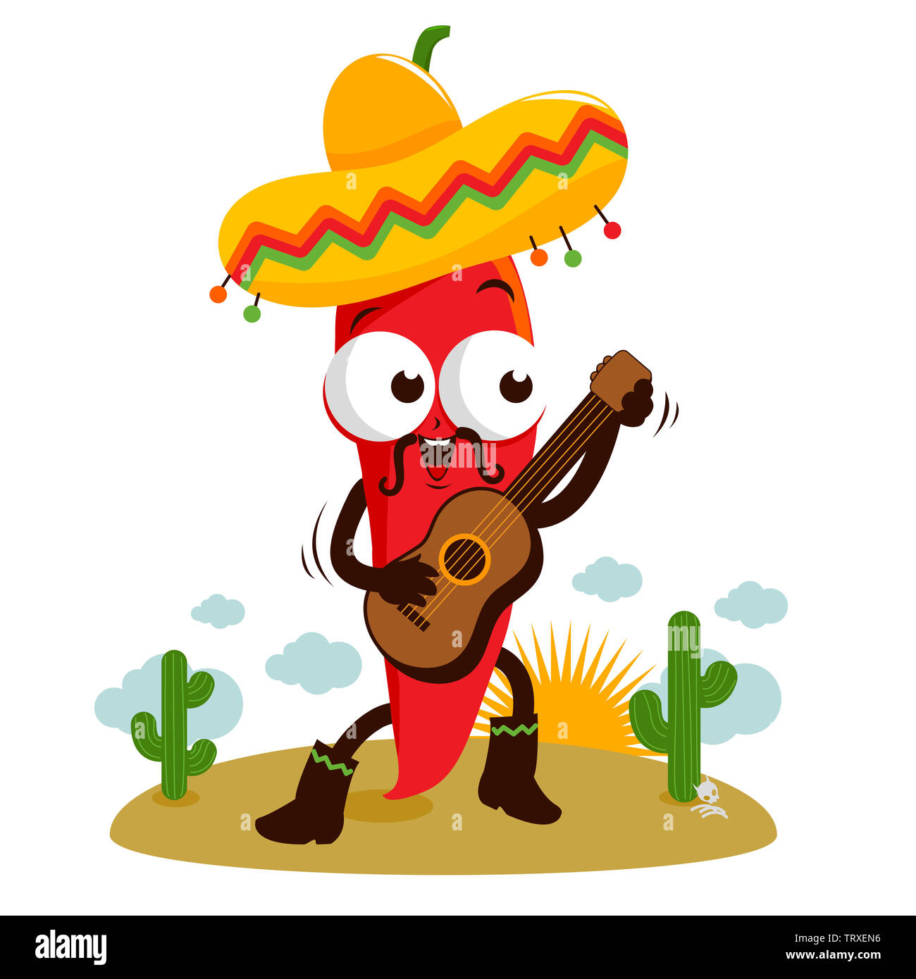 Mexican cartoon mariachi chili pepper playing the guitar, singing and  dancing in the Mexican desert. Cartoon hot jalapeno pepper character Stock  Photo - Alamy, image size:1300x1390